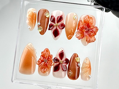 Elegant Fall Floral Press On Nails | Golden Orange Floral Nail Art | Autumn Bloom Fake Nails | Chic 3D Autumn Nail Polish | Stunning|HC677YC