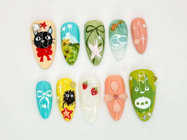 Studio Ghibli-Inspired Nail Art | Totoro and Kiki Nail Art | Kawaii Anime 3D Design | Whimsical Anime & Nature Nail Art | JB543HK