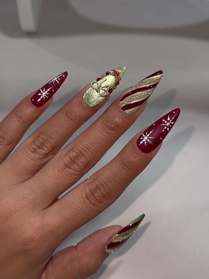 Festive Christmas Press On Nails | Red Gold Snowflake Nails | Festive Holiday Nail Art | Elegant Candy Cane Nail Set | JC247HC