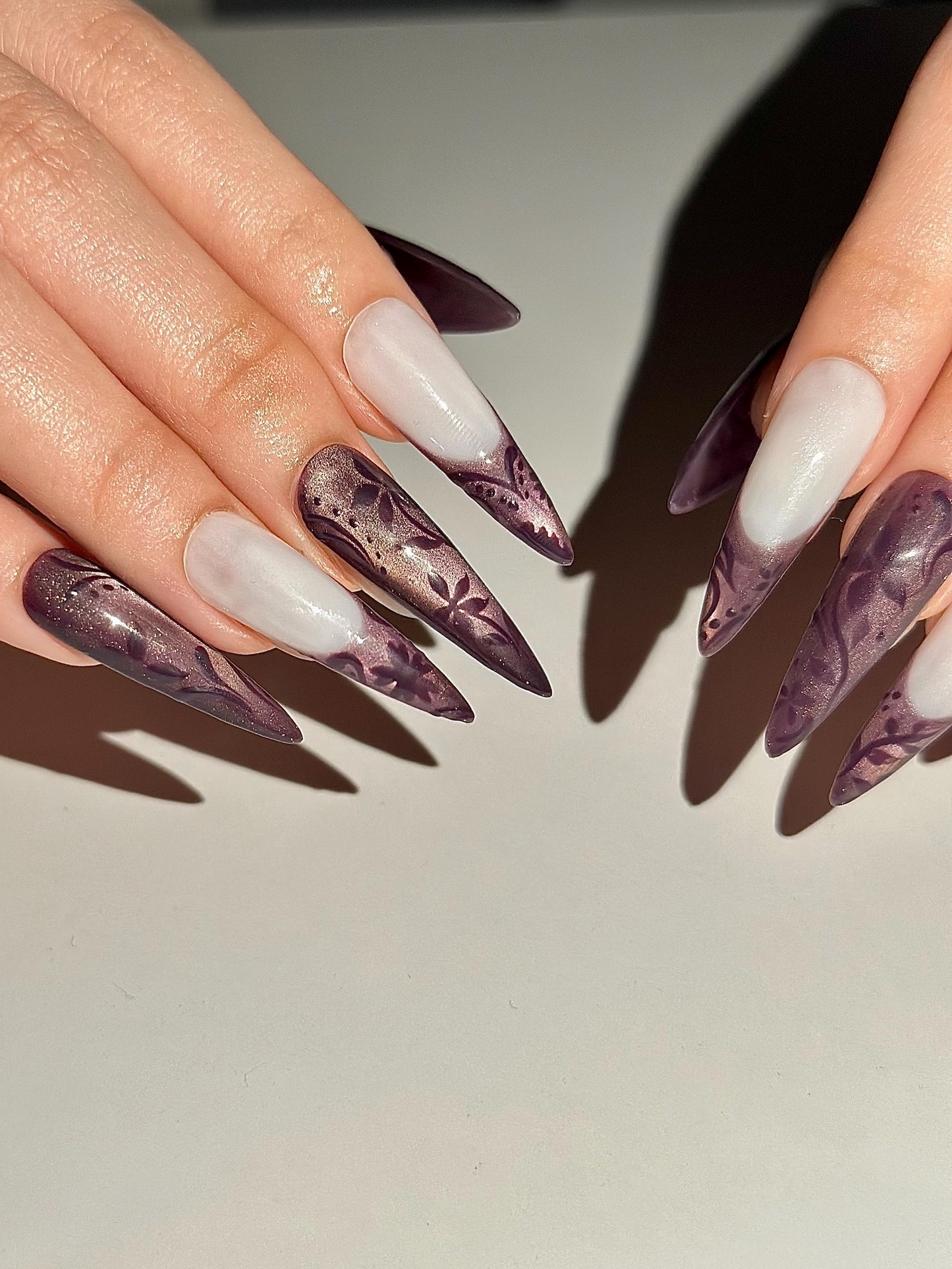 Dark Purple Cat Eye Press On Nails, Mystic Floral French Tip Nails, Ethereal Smoky Velvet Nails, Gothic Luxury Stiletto Fake Nails, HC1292HK