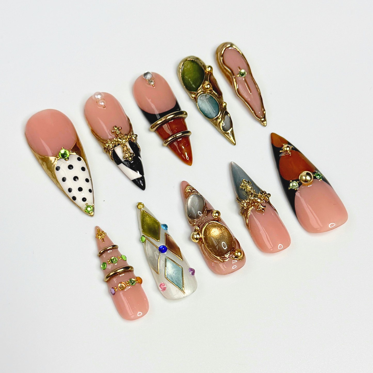 Luxury Press On Nails with Gemstone Charms | Vintage Gold Fake Nails in Long Almond | Handmade Statement Nails for Wedding, Party OB1111L