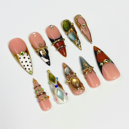 Luxury Press On Nails with Gemstone Charms | Vintage Gold Fake Nails in Long Almond | Handmade Statement Nails for Wedding, Party OB1111L
