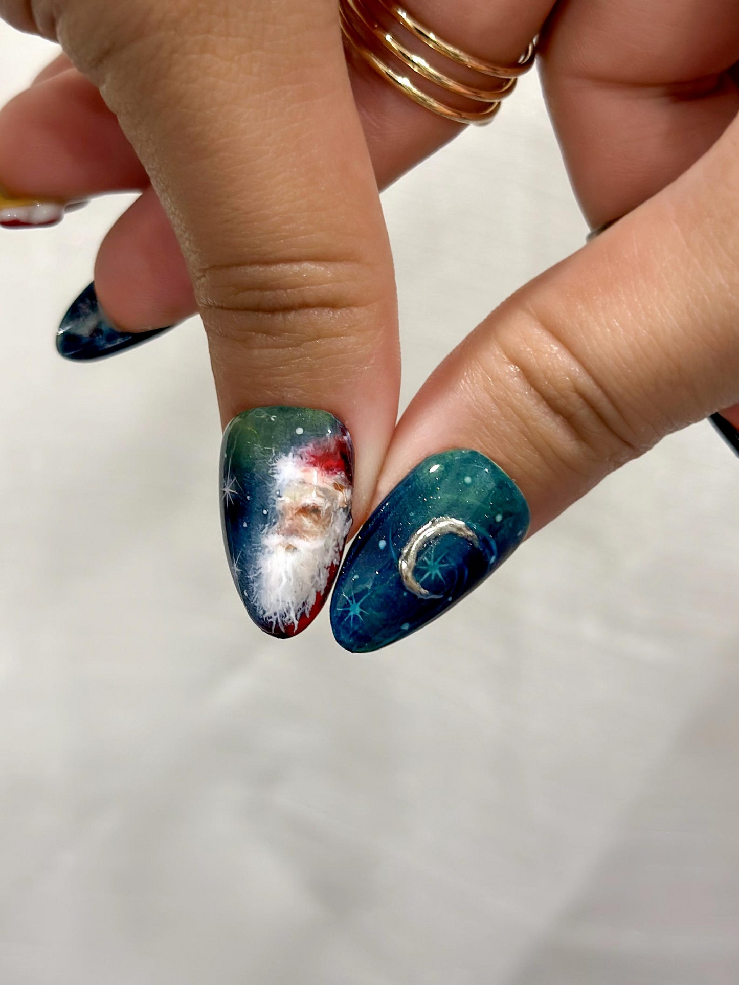 Midnight Santa Press On Nails For Christmas |Celestial Holiday Nail Art | Gold Moon & Constellation Nails |JB226EG