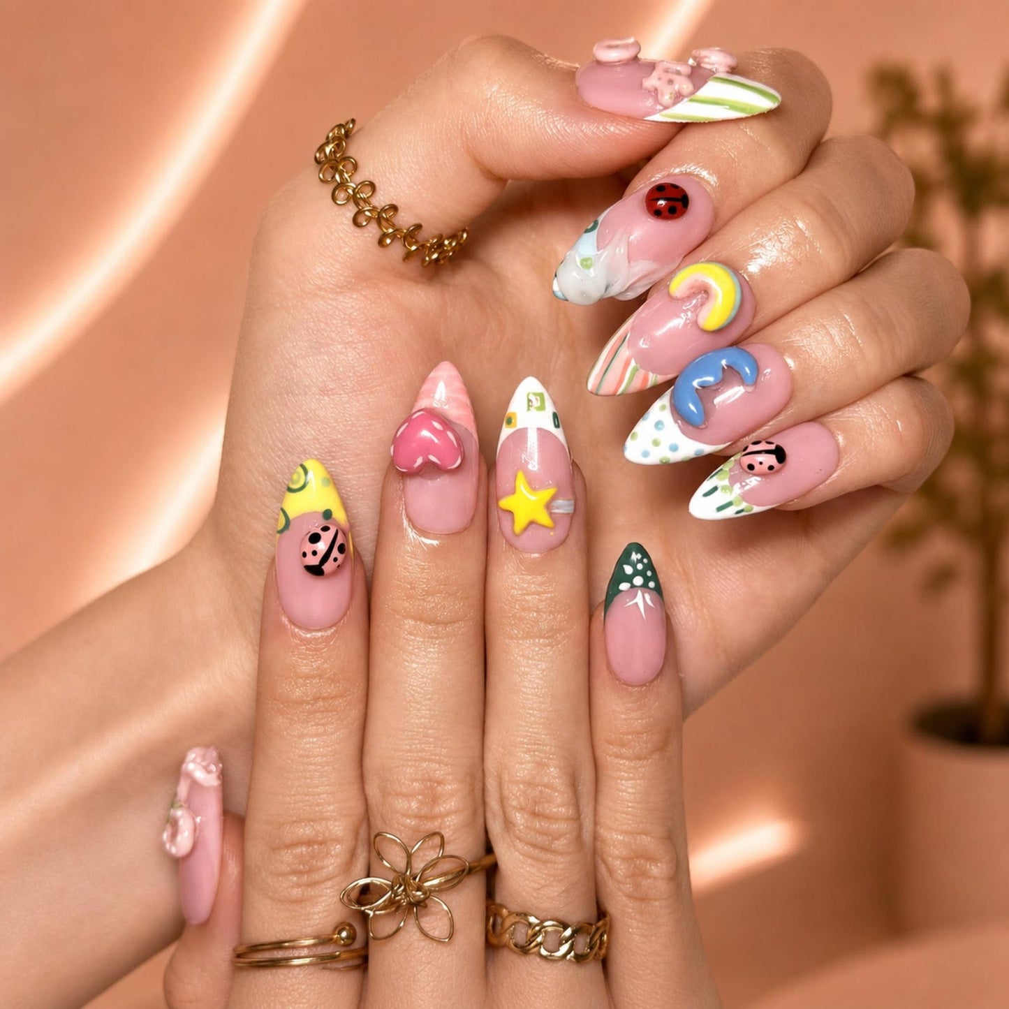 Cute 3D Ladybug Summer Press On Nails Almond • Tropical Pool Party Vibe • Rainbow Star Heart Charm • Colorful French Tip • OB1366DG