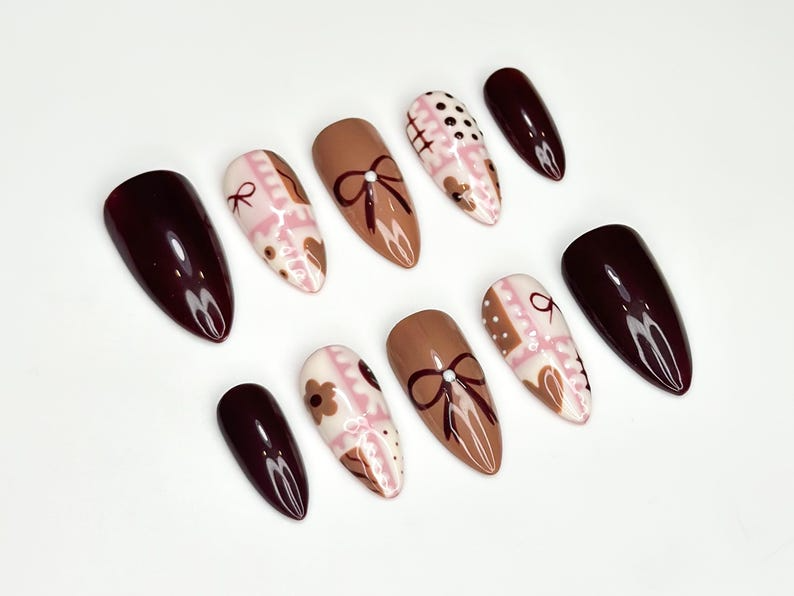Chocolate Autumn Press On Nails | Sweet Treats-Inspired Nail Art | Soft Pink & Brown Handcrafted Design | Handmade Unique Nail Set | JB182HC