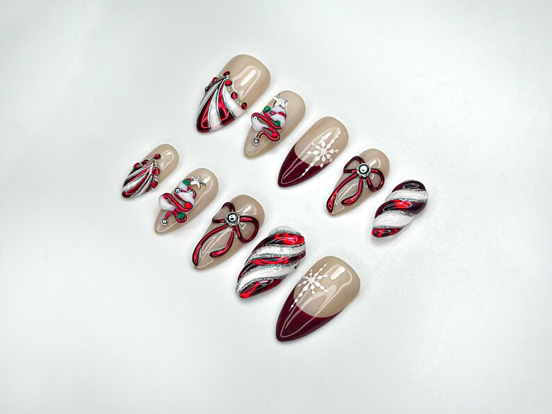 Christmas Candy Cane Press On Nails by DoryNails • Red Chrome Bow & Snowflake Nail Art • Holiday Party Nails • Gift for Her • HB1188BC