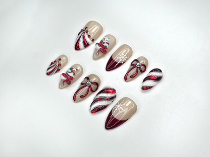 Christmas Candy Cane Press On Nails by DoryNails • Red Chrome Bow & Snowflake Nail Art • Holiday Party Nails • Gift for Her • HB1188BC