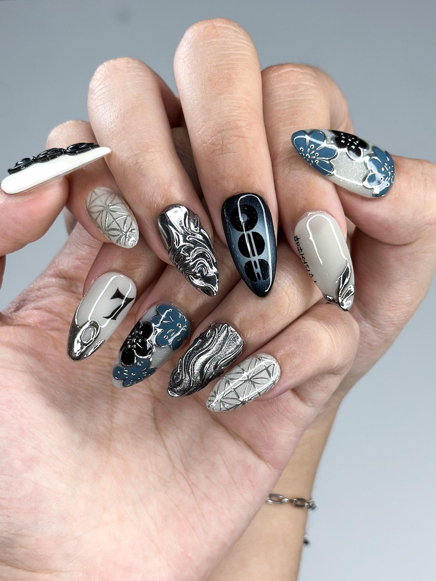 Kpop Inspired Indigo Voyage Nails | 7 Spirit Arirang Silver Shark Nails | Ocean Muse 3D Chrome Nails | Handmade Nails | JC357IC