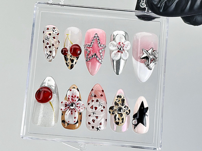 Leopard Print Star Press On Nails | 3D Rhinestone Fake Nails | Pink and Silver Nail Art | Cute Star Cherry Press Ons | Summer Nails |HB883YC