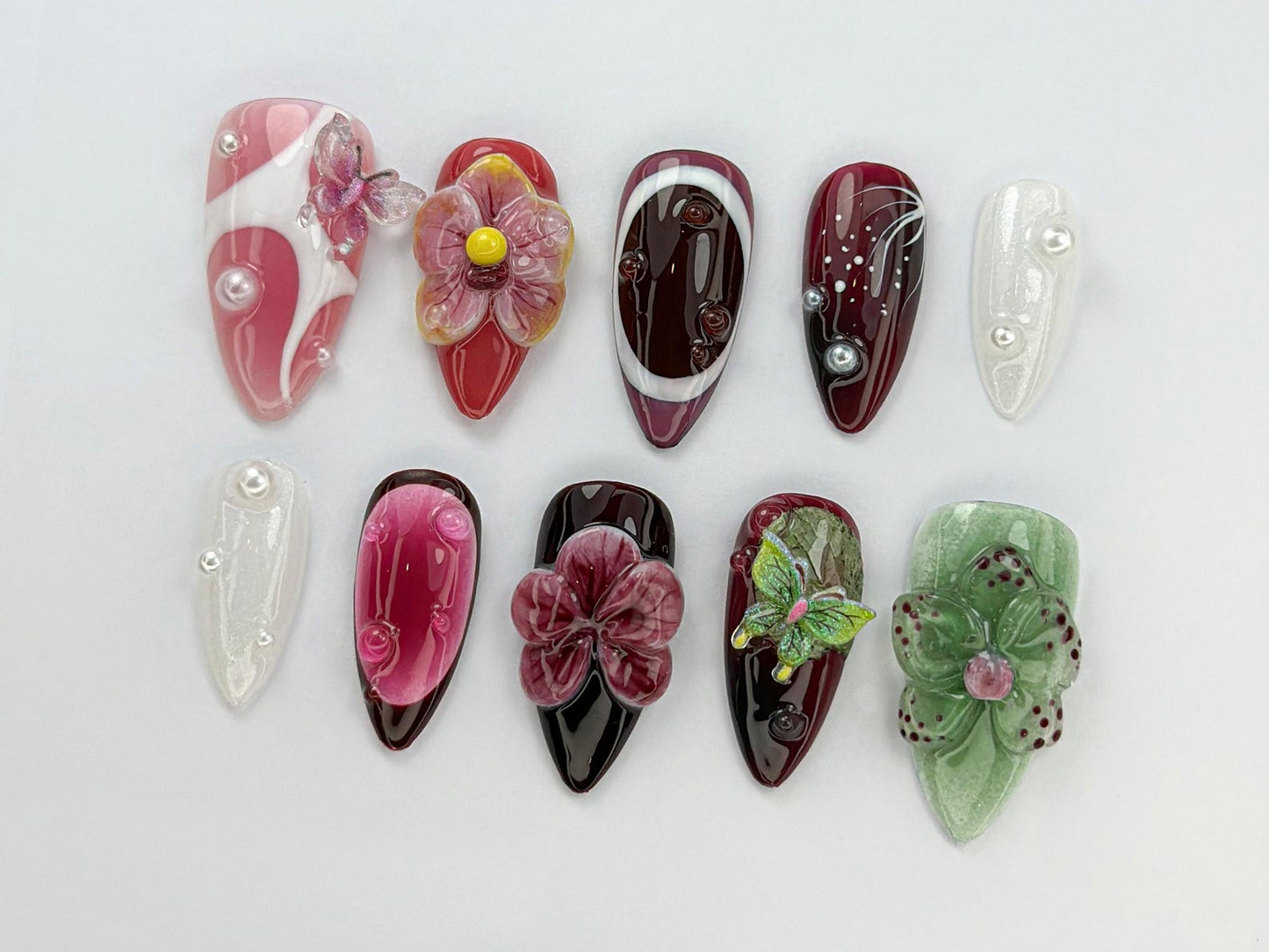 Burgundy Butterfly Press On Nails | Orchid Butterfly Nail Art | 3D Floral Luxury Nail Set | Dark Red Orchid Nails | Elegant Nails | JC743HK