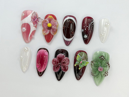Burgundy Butterfly Press On Nails | Orchid Butterfly Nail Art | 3D Floral Luxury Nail Set | Dark Red Orchid Nails | Elegant Nails | JC743HK