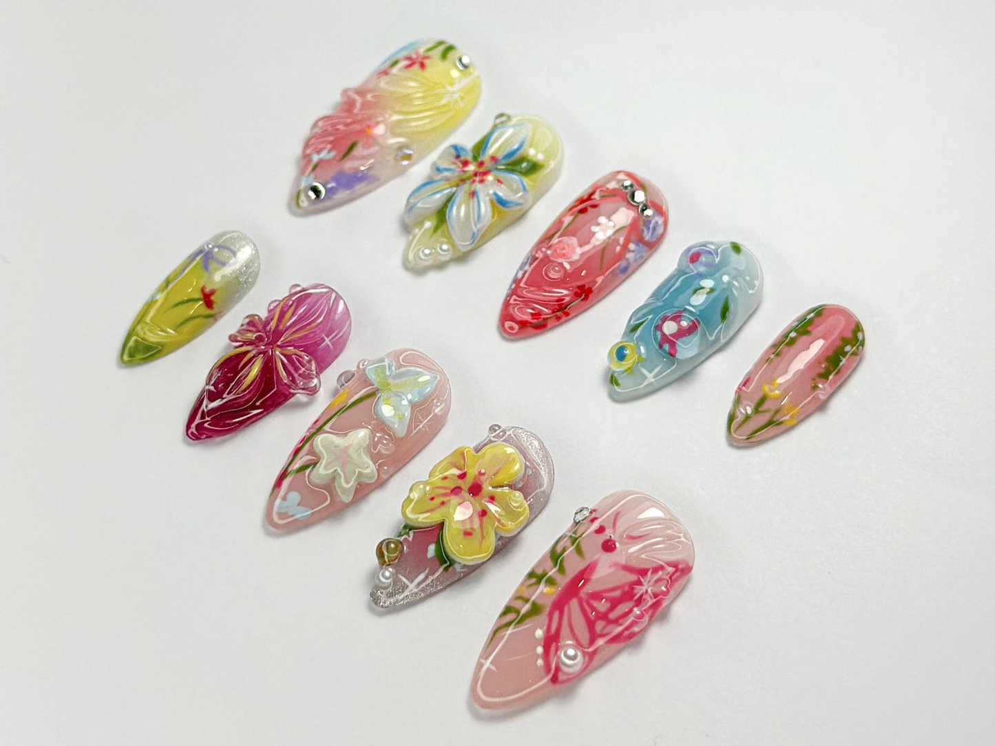 Spring Garden Bloom Press On Nails | Colorful Floral 3D Nail Art | Soft Pastel Press Ons | Handmade Elegant Set for Spring & Summer|JB751HK