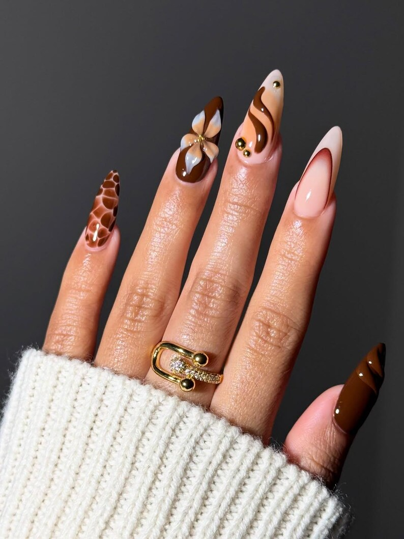 Mocha Bloom Autumn Press On Nails | Brown Nude Gradient Nail Set | 3D Flower & Gold Bead Accents | Luxury Tortoiseshell Nail | HB1102EK