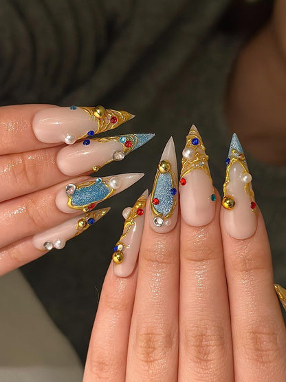 Luxury 3D Jewelry Press On Nails, Gold Filigree and Blue Gemstone False Nails, Royal Core Stiletto Nails for Gala or Wedding | DB1022HC