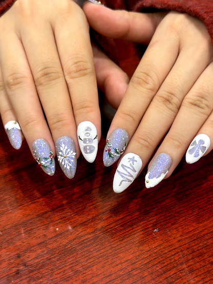 Silver Frost Christmas Press On Nails | 3D Snowman & Christmas Tree Nail Art | Frosted Birds and Winter Scene | HB1209EC