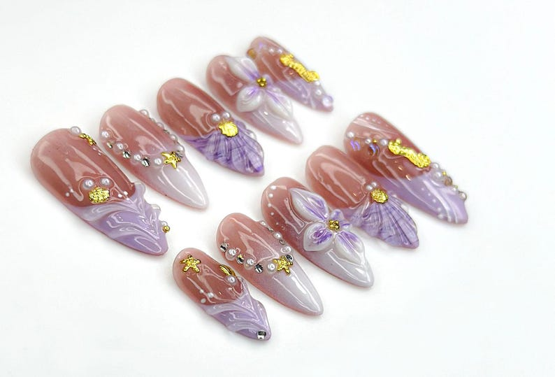 Lavender Ocean Bloom Press On Nails | 3D Seashell & Seahorse Nail Art | Purple Floral Mermaidcore Tips | Long Glossy Set | JC954EK