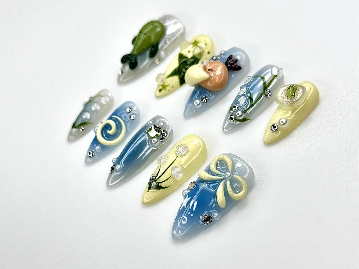 Forest Friends Duckling Press On Nails | Cute Turtle & Nature Nail Art | Lily of the Valley Nails | Green Blue Pastel Nails | JB973EC