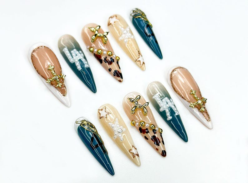 LA Safari Luxe Press On Nails | Western Pearl Letter Nails | Leopard & Cross Charm Nail Art | Glam Cowgirl Vibe | Edgy 3D Stiletto Nail Set