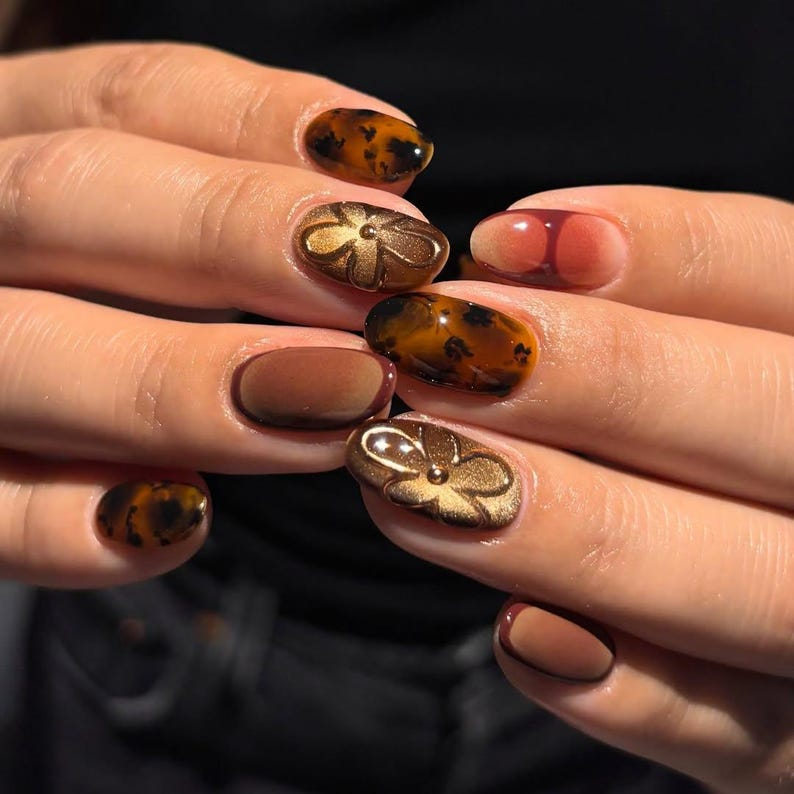 Autumn Burgundy Tortoiseshell Press On Nails | Gold Orchid Accent Nails | Gradient Fall Nail Art | Elegant Autumn Nail Set | JB187EC