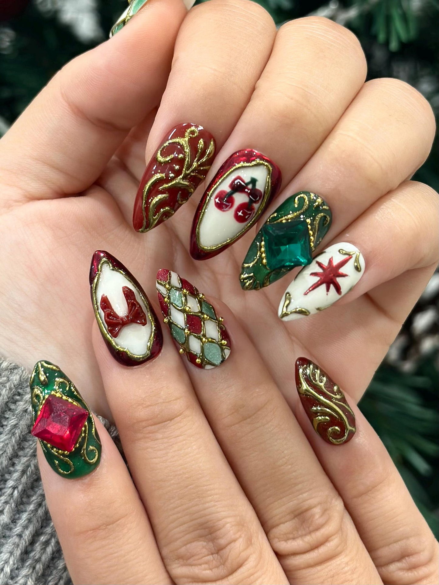 Gemstone Christmas Press On Nails | Red & Green Nails | Baroque Holiday Nail Art | Lux Christmas Press Ons | Elegant Festive Set| JB253HK