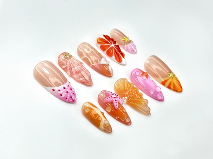 Tropical Summer Splash Press On Nails | Cute Starfish & Shell Design | Bright Sunset and Beach Theme Nails | 3D Ocean Nail Art | JB979EK