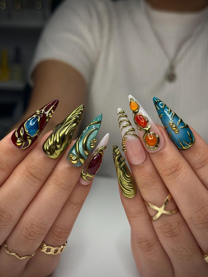 Colorful 3D Texture Press On Nails | 3D Gemstone Royalty Nail Art | Handmade Luxury Statement Nails | Elegant Fantasy Nail Set | JB148HK