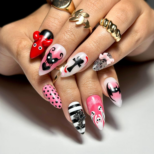 Gothic Halloween Press On Nails | Black Cross & Skull Fake Nails | Pink Cute Scary Nail Art |Cartoon Horror Press Ons |Horror Nails |HB581YC