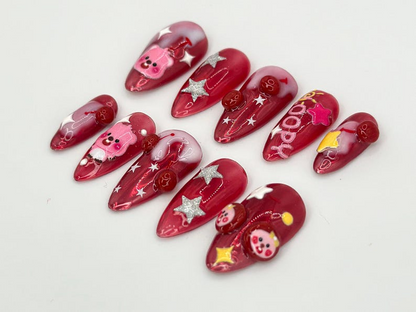 Handmade Loopy Cartoon Press On Nails | Red Nail Art with Glittering Stars & 3D Detail | Loopy-Inspired Nail | Cute Red 3D Nail Art |JB628HC