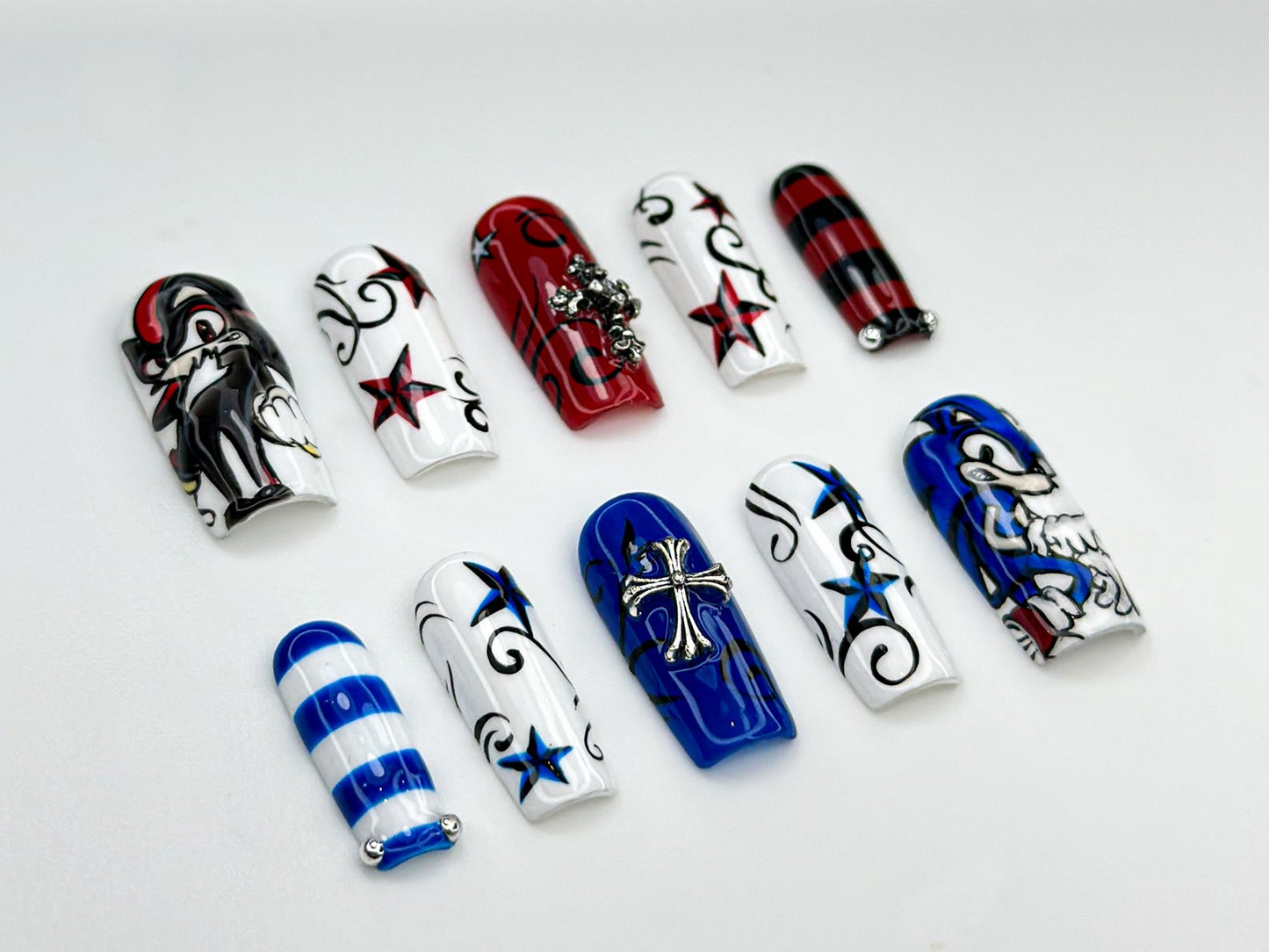 Sonic vs Shadow Press On Nails | Red & Blue Star Nails | Edgy Cartoon Gaming Nail Art | Character Nails | Sonic Inspired Press Ons | JB812HC