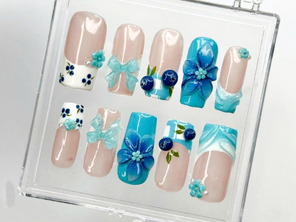3D Blue Flower Press on Nails | Elegant Blue Floral Nail Art | Handmade Summer Nails | Gift for her | Summer Vibes | Beach nails | HB967DK