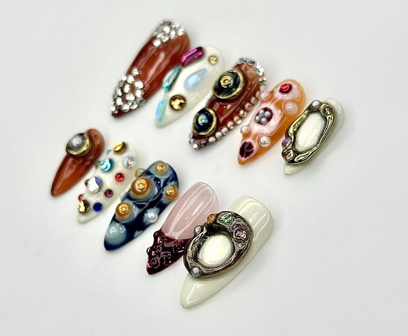 Galaxy Artifact Press On Nails | 3D Gemstone Nail Sculpture | Cosmic Jewel Art Nails | Handmade Abstract Press Ons | JC937EK
