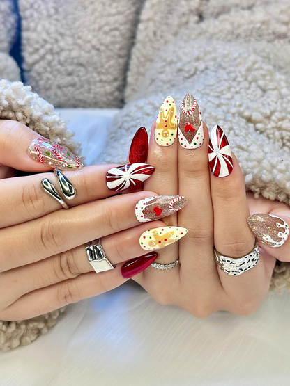 Wonderland Christmas Press On Nails | Santa Claus Christmas Nail Art | Candy Cane & Tree Nails | Cute Winter Nail Set | JB219EK
