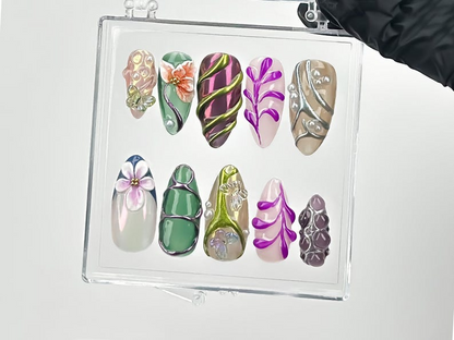 Elegant 3D Press On Nails | 3D Floral & Butterfly Fake Nails | Leaf Designs with Pearl Accents Nail Art | Nature-Inspired Nails | HB607YC