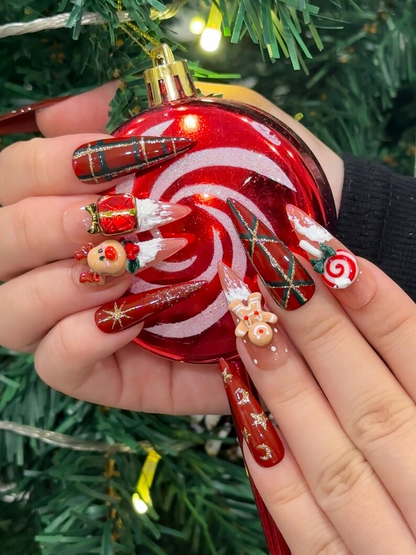 Red Christmas Reindeer Press On Nails | 3D Christmas Candy Nail Art | Holiday Red Glitter Nails | Festive Winter Nail Art | JC247EC