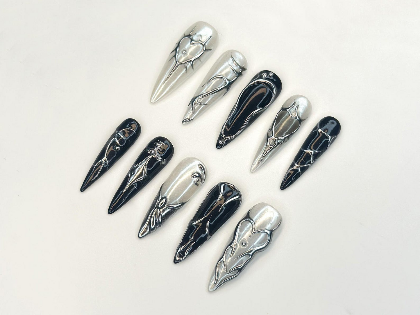 Black Silver Chrome Press On Nails | Gothic Metallic Nail Art | Winter Armor Nails | Holiday Party Nails | Handmade Gift Set | JC1193BK