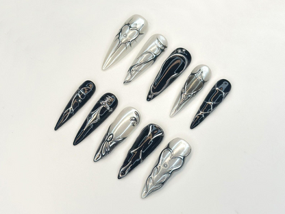 Black Silver Chrome Press On Nails | Gothic Metallic Nail Art | Winter Armor Nails | Holiday Party Nails | Handmade Gift Set | JC1193BK