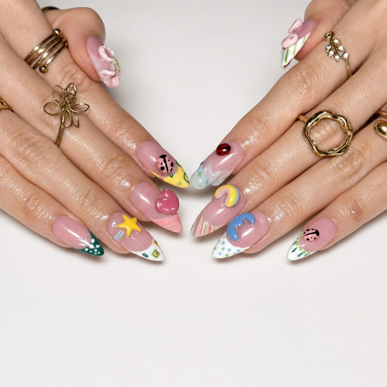 Cute 3D Ladybug Summer Press On Nails Almond • Tropical Pool Party Vibe • Rainbow Star Heart Charm • Colorful French Tip • OB1366DG