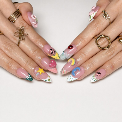 Cute 3D Ladybug Summer Press On Nails Almond • Tropical Pool Party Vibe • Rainbow Star Heart Charm • Colorful French Tip • OB1366DG