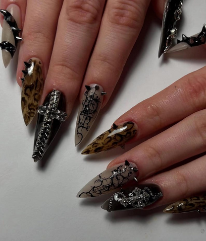 Gothic Punk Stiletto Press On Nails | Leopard Chrome Nail Art | Edgy Studded Nail Design | Alt Fashion Black Nails | JB827HC