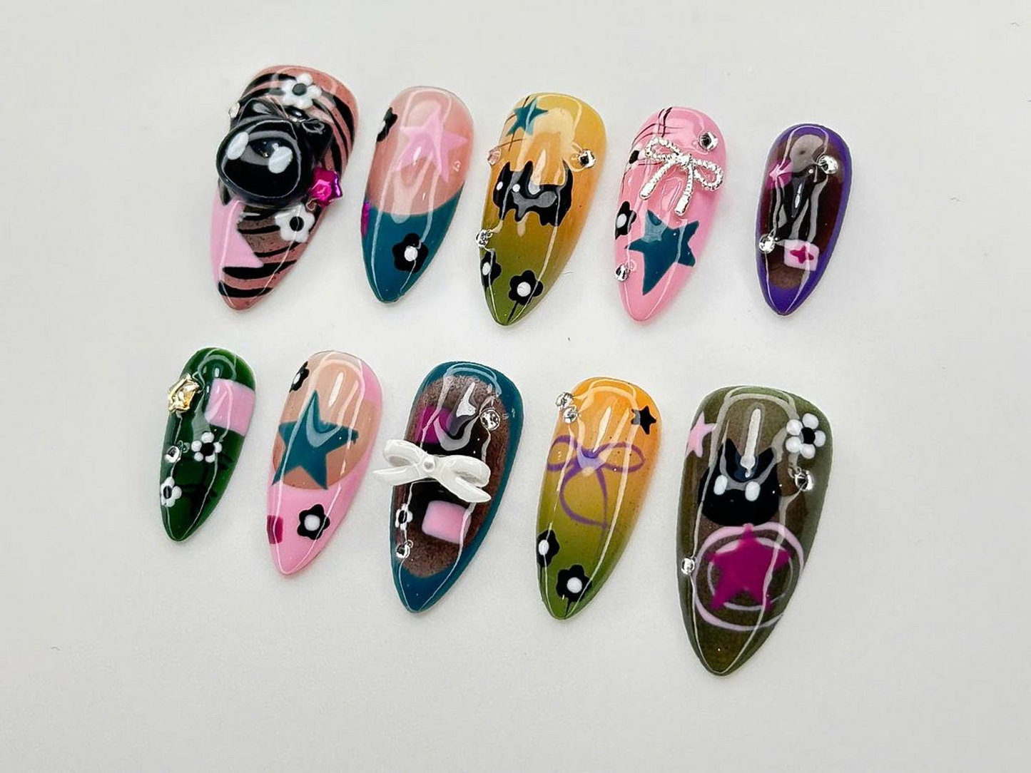 Goth Kawaii Press On Nails | Handmade Black Cat & Star Nail Art | Long Stiletto Glue On Nails | Alternative Aesthetic Gift for Her | JB913DC