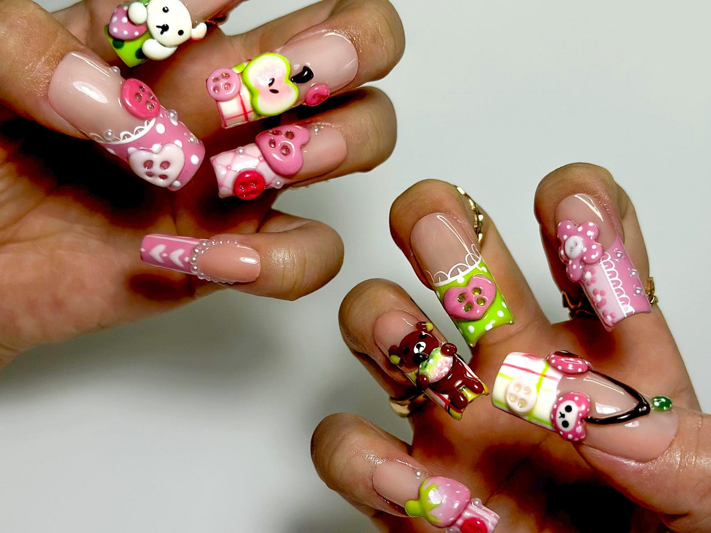 Kawaii Bear Candy Press On Nails | 3D Cute Apple Cherry Nail Art | Pastel Pink Green Y2K Vibes | Cartoon Dessert-Inspired Nails | JB986EC