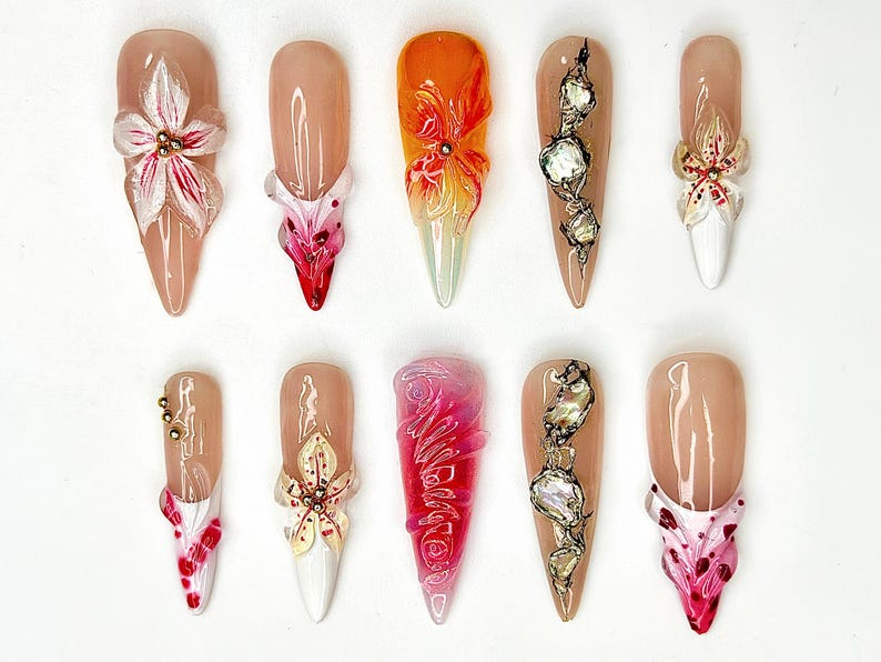 3D Floral Nude Press On Nails