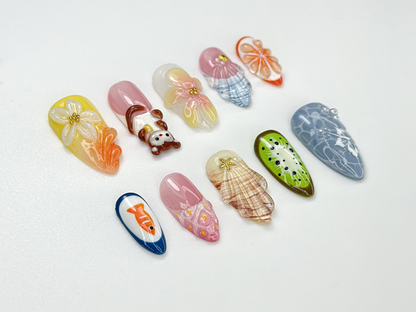 Summer Picnic Mokey Press On Nails | 3D Fruit & Flower Art |Fun Mismatched Vacation Nail Set | Playful Beach Picnic Nail| Cute Nails|JC976HC