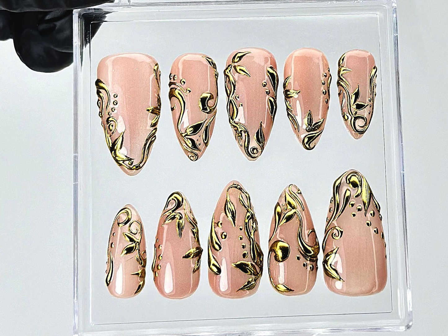 Nude Gold Leaf Press On Nails | Elegant Baroque Swirl Fake Nails | Metallic Accent Luxury Nail Art | Gold Foil Nude Press Ons | HB898YC