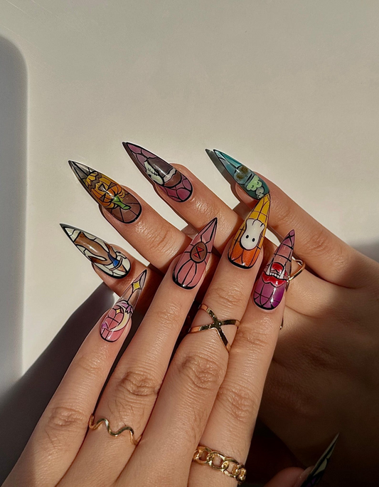 Stained Glass Halloween Press On Nails | Ghost Pumpkin Bat Nail Art | Colorful Spooky Nail Design | Handpainted Halloween Nails | JB111H