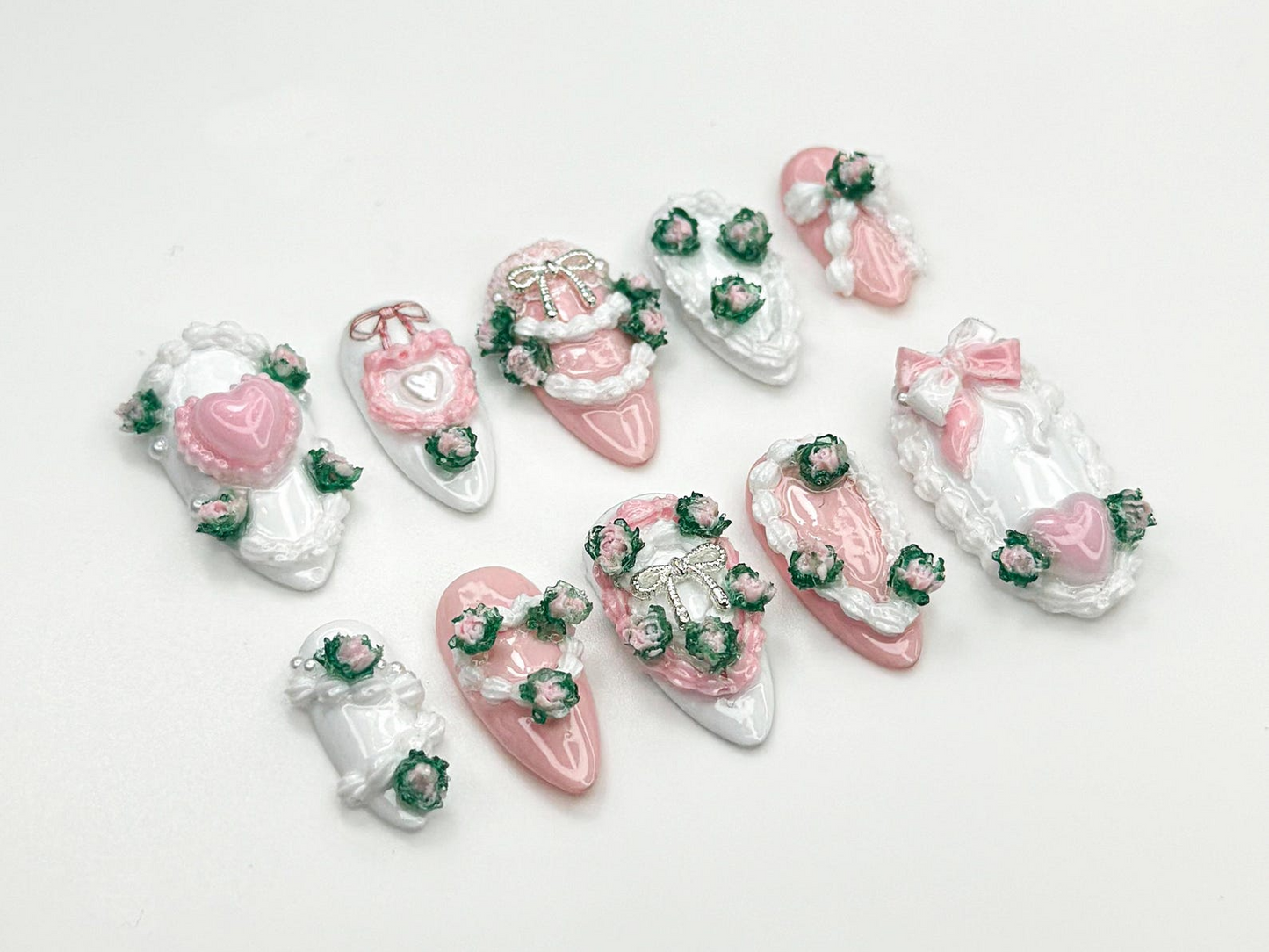 Romance Coquette Pink Press On Nails | 3D Heart Bow Rose Nail Art | Pastel Pink White Cute Nails | Baroque Lolita Press Ons | JB852HC