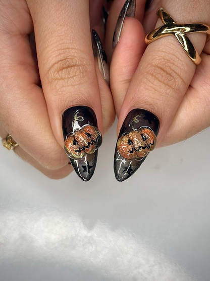 Pumpkin Gothic Press On Nails | Halloween Black & Orange Nails | Handmade Spooky Nail Design | Unique Gothic Pumpkin Nails | JB151HC