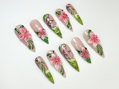 Garden Fantasy Press On Nails | 3D Pink Flower & Leaf Nails | Handmade Botanical Nail Art | Nature-Inspired | Vibrant Floral Nail | JC993HK