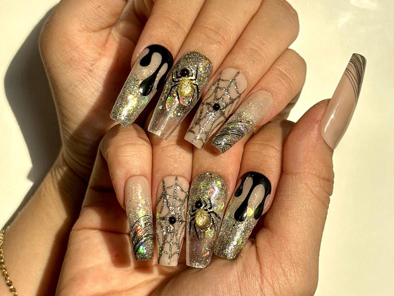 Glitter Web Glam Press On Nails | Sparkling Halloween Spider Nails | 3D Gold Spider & Web Nail Art | Long Coffin Glitter Nails | HB1079EC