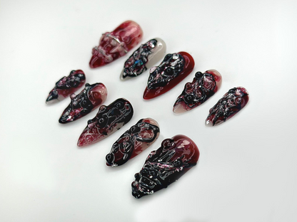 Gothic Blood Veil Press On Nails | 3D Dark Red & Black Texture Nail Art |Horror-Inspired Abstract Nails | Handmade Grunge Press Ons |JB988EC